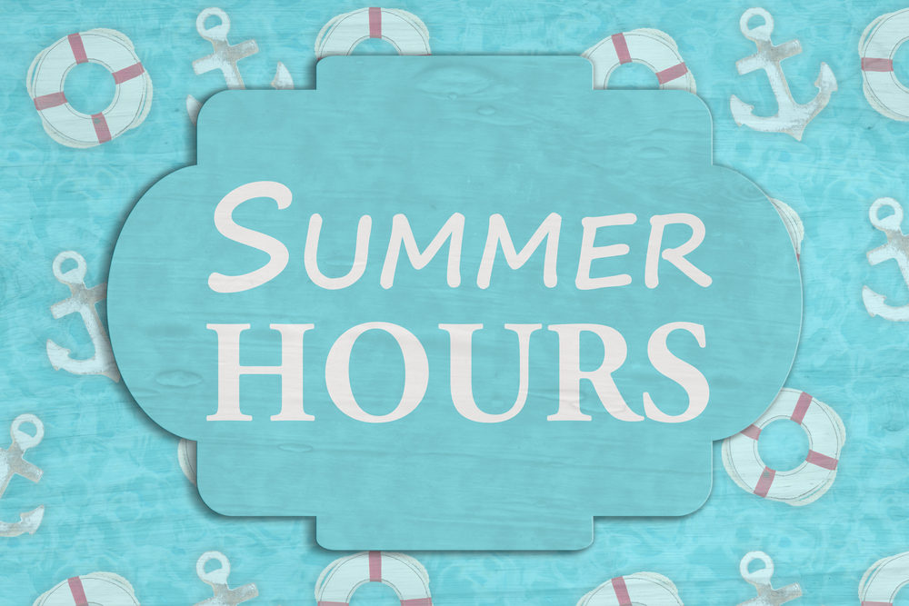 Image with blue pool background that reads Summer Hours
