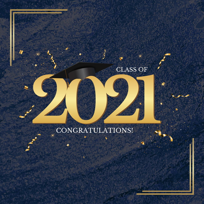 class of 2021 words in gold on blue background