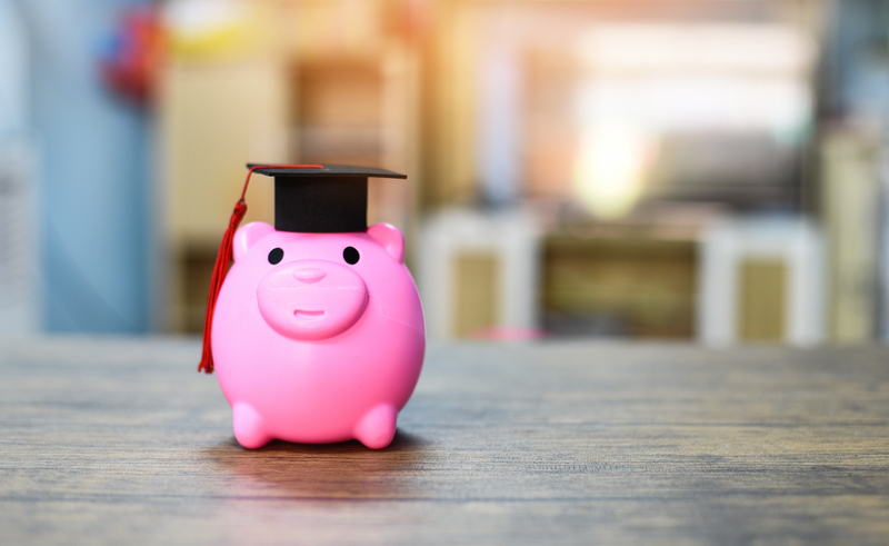 Pink piggy bank wearing graduation cap